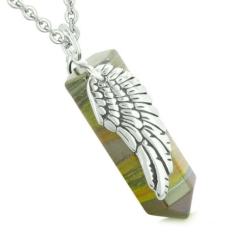 BestAmulets Amulet Angel Wing Magic Energy Wand Crystal Point Tiger Iron Crystal Pendant 22 Inch Necklace